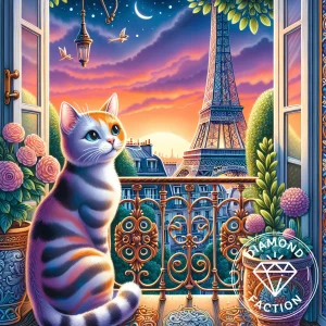Broderie diamant – Chat rêveur devant la Tour Eiffel