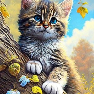 Broderie Diamant - Petit Chat derrière un Arbre