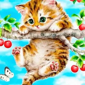 Broderie Diamant - Petit Chat sur un Arbre