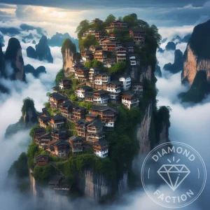 Broderie Diamant - Village dans les Nuages