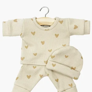 minikane-vetements-poupees-babies-pyjama-morgan-et-son-bonnet-en-maille-cotelee-petits-coeurs-beiges_jpg.webpv1740499828 Babies – Pyjama Morgan petits coeurs et son bonnet